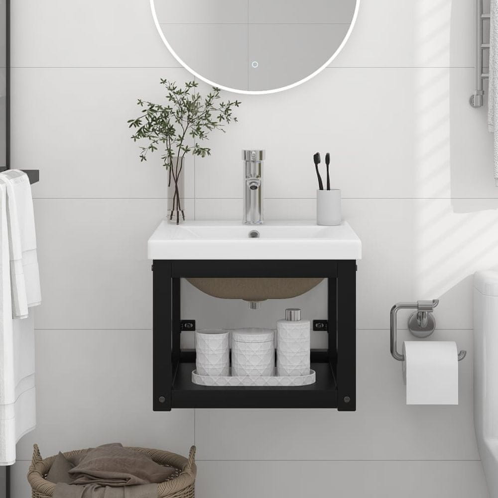 Vidaxl Kúpeľňový stojan so zabudovaným umývadlom, čierny, železo
